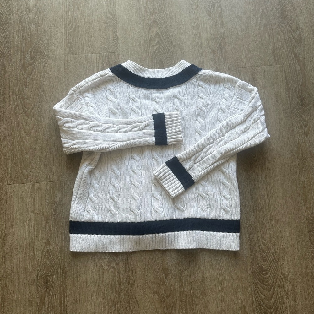 Polo Ralph Lauren 100% Cotton Cable Knit Tennis Sweater White Navy Trim Preppy - Picture 2 of 5